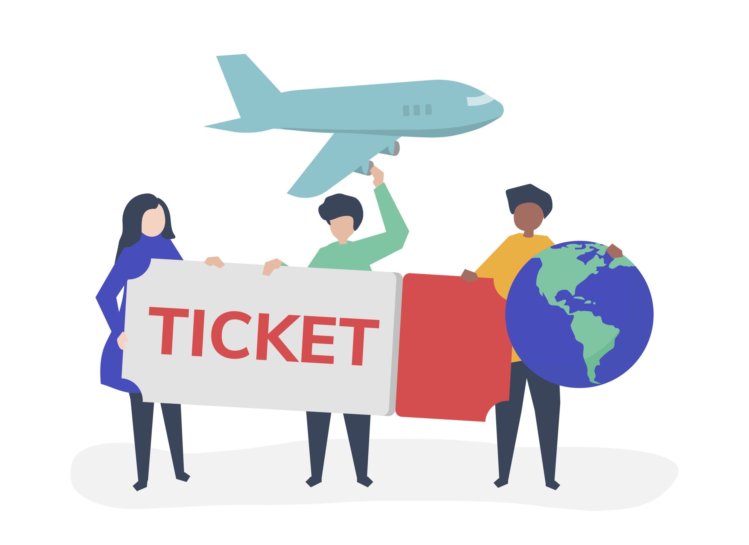 People holding a flight ticket travel related icons